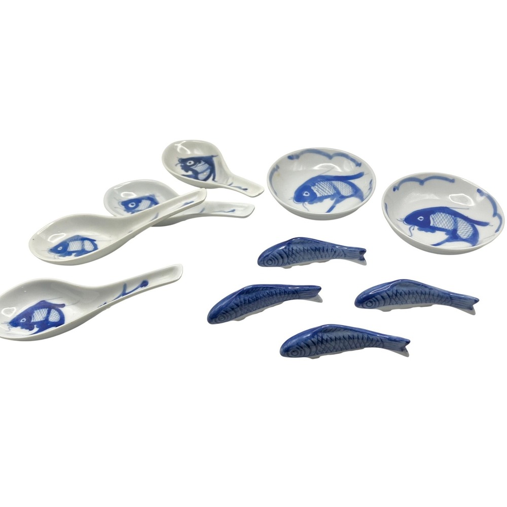 Vintage Ceramic Sushi Ramen 10pc Set Blue White New Koi Fish Spoons Bowls